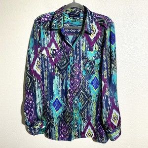 Jones New York Womens Shirt Size XL Aztec Button Front Roll Tab Sleeve
